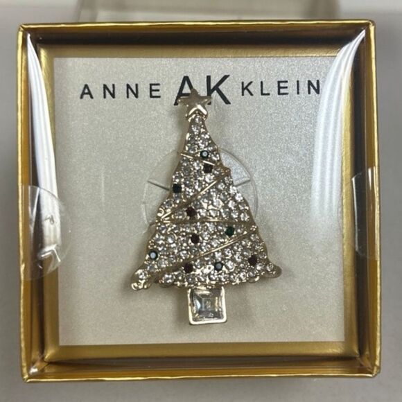 Anne Klein Gold Tone Silver Green Burgundy Rhinestones Christmas Tree Brooch - Picture 1 of 9